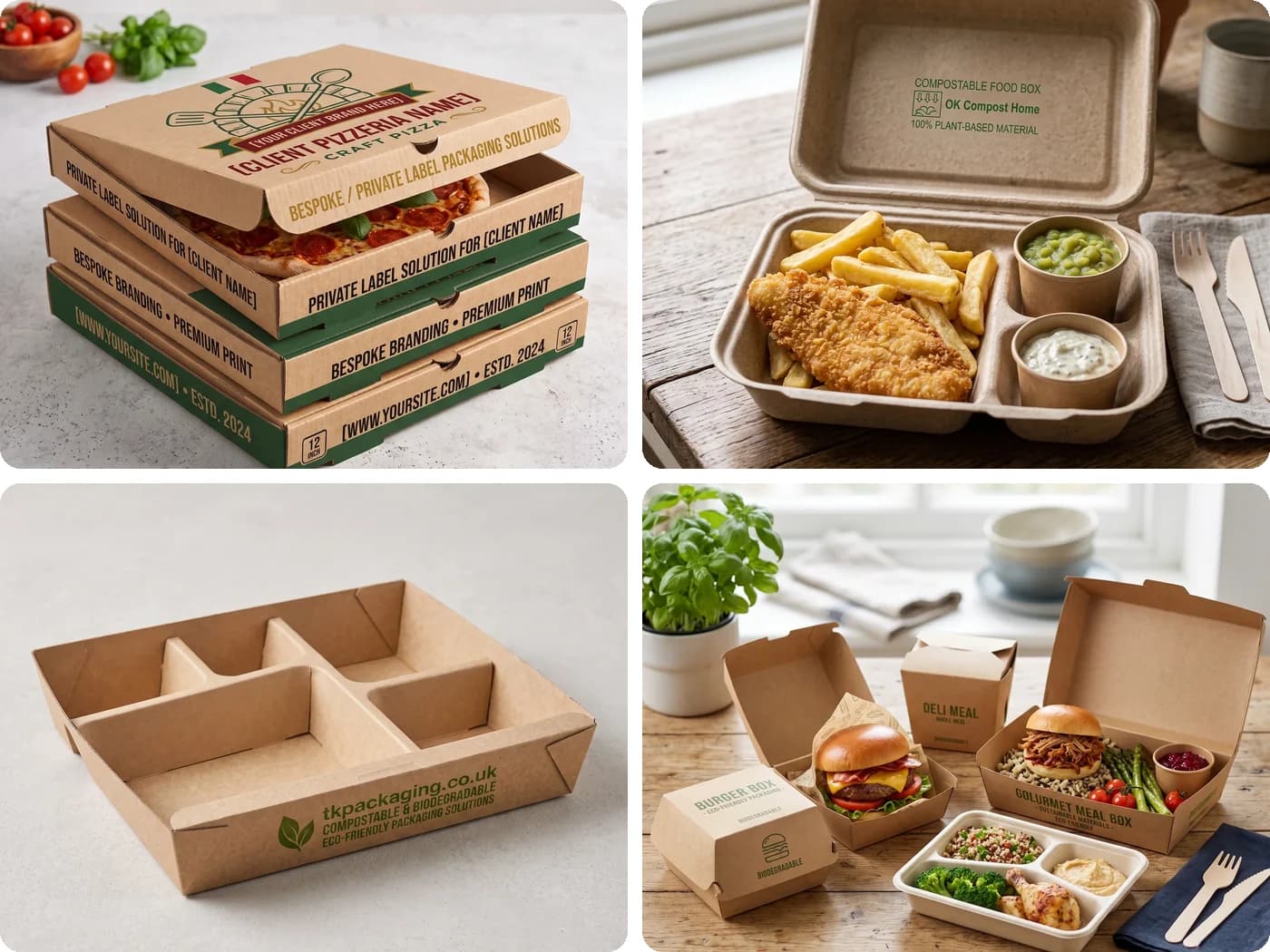 TK Packaging range: pizza boxes, fish and chips boxes, food trays and meal boxes